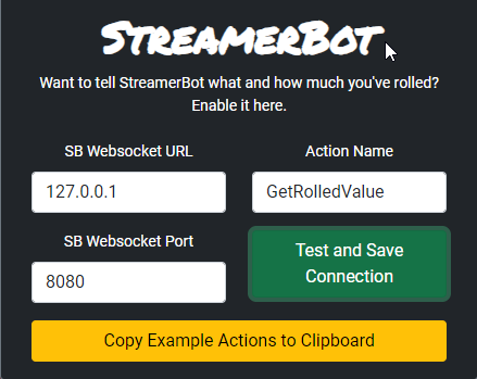 StreamerBot setup example on StreamRoll controls page