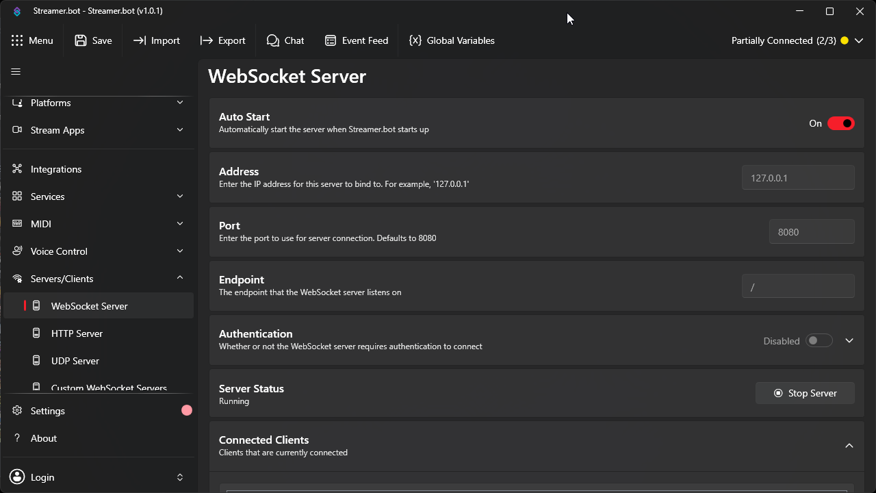 Websocket Server settings